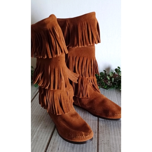 Minnetonka Three Layer Fringe Boots in Brown - Picture 7 of 16
